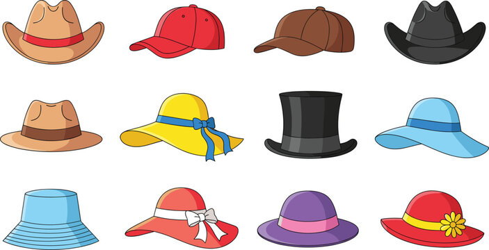 Diverse Vector Collection of Fashionable Hats, Including Cowboy, Baseball Cap, Sun Hats, Top Hat, and Bucket Hat, Representing Various Styles and Occasions