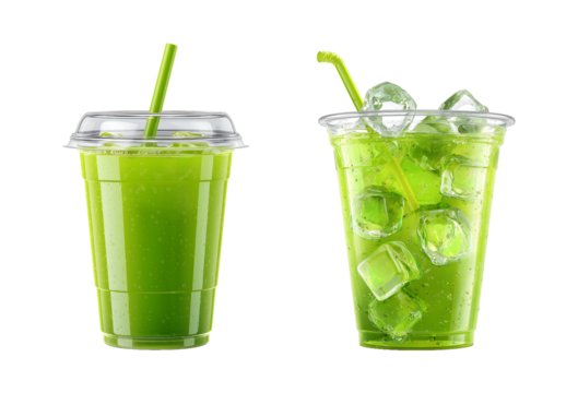 Neon Green Iced Drink with Straw and Ice Cubes isolated on transparent background