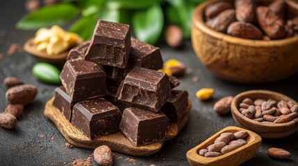 Dark chocolate chunks with cocoa beans and butter