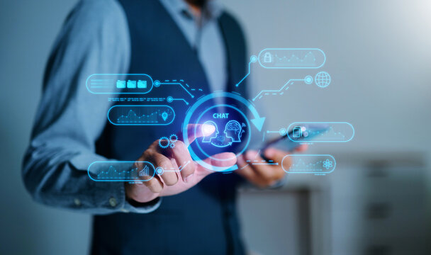 A professional man interacting with an AI chatbot and data analytics interface on a smartphone, showcasing smart communication, automation, and digital business intelligence.