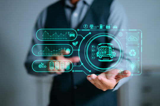 Futuristic smart energy interface showing EV battery, eco power data, clean energy, and digital analytics for sustainable technology