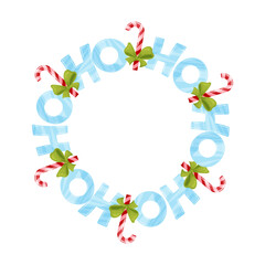 holiday wreath with colorful bows, cheerful holiday greeting frame featuring candy canes and ribbons, and Ho-Ho-Ho text.