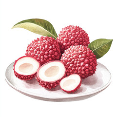 Fresh Lychee Fruits with Leaves on a White Plate.