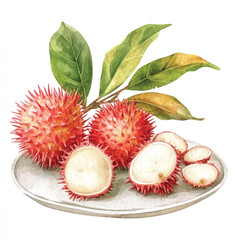 Fresh Rambutan Fruit with Leaves on a Plate Watercolor Illustration.