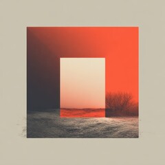 Surreal desert landscape with reflective mirror and fiery sunset