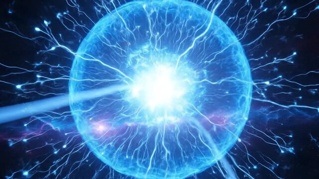 Abstract Blue Energy Orb with Electrical Discharge and Glowing Particles in Deep Space