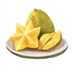 Fresh star fruit and mango on a plate tropical fruit still life.