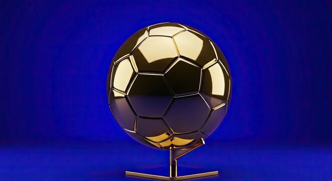 Striking golden soccer ball trophy against a vibrant blue background evoking victory and prestige