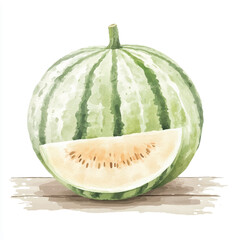 Fresh watercolor illustration of a whole striped melon with a single slice cut out.