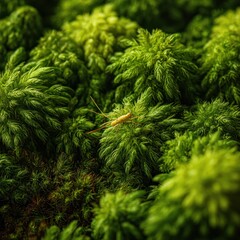 Tiny yellow insect on vibrant green moss, macro nature close-up