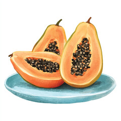 Freshly Cut Papaya Halves on a Blue Plate.