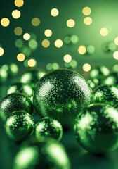 Brilliant abstract background featuring shimmering, metallic green decorative spheres and abundant soft, celebratory bokeh lights, perfect for seasonal designs, vibrant, light, emerald