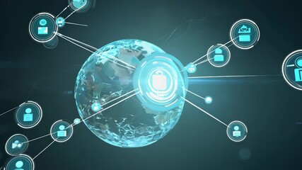 Global digital network with security connections around glowing planet. Concept of cyber security, online communication, worldwide data exchange in interface. data protection, secure communicate. - Powered by Adobe