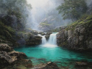 Tranquil Waterfall Scene with Turquoise Pool and Mist