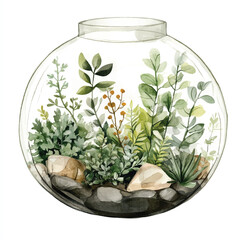 Glass terrarium with lush green plants and decorative stones inside.