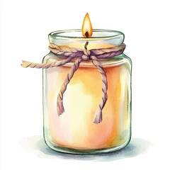 Glowing Candle in Glass Jar with Twine Warm Light and Serene Ambiance.