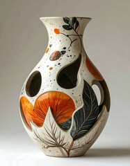 A tall, ceramic vase featuring cut-out shapes, orange and black accents. Leaves and berries adorn the off-white surface