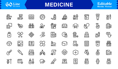 Modern Medicine Line Icon Collection Featuring Minimal, Professional, and Clean Vector Graphics for Health, Medical Care, Pharmacy, and Clinical Applications