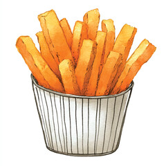 Golden fried potato fries in a paper container ready to eat.