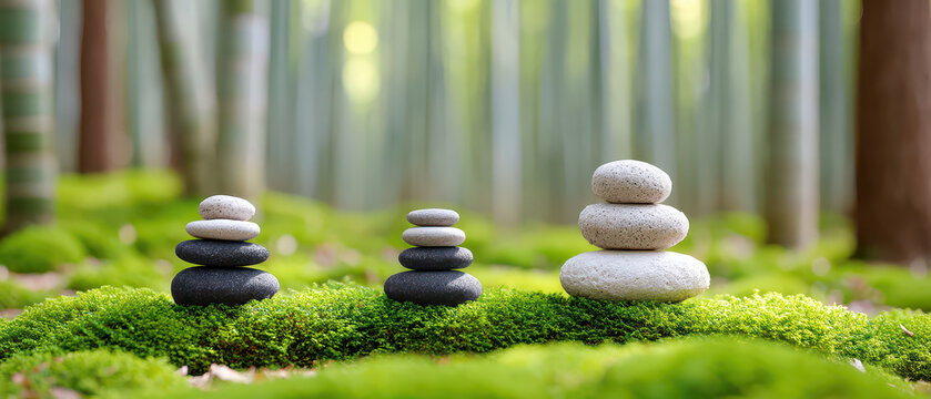 Balanced stones symbolize tranquility and harmony in serene forest setting, promoting wellness and relaxation through nature therapy. This peaceful scene invites mindfulness and reflection