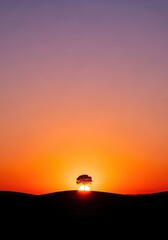 Golden hour sunset bathes the peaceful landscape. The evening sky creates a breathtaking, tranquil silhouette, breathtaking, solitude, orange