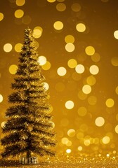 Golden holiday backdrop featuring a festive Christmas tree and shimmering bokeh effects creating a beautiful winter celebratory scene, joy, winter, evergreen