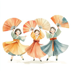 Graceful Korean Dancers in Traditional Attire with Fans.