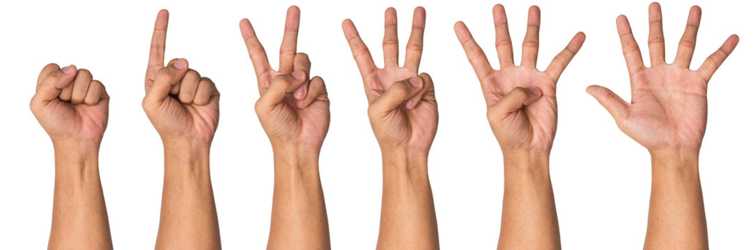man hand set of count number from zero to five hand gesture sign isolated on white background. transparent png