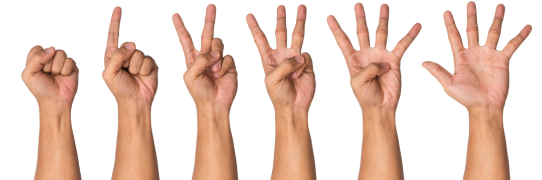 man hand set of count number from zero to five hand gesture sign isolated on white background. transparent png