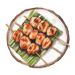 Grilled chicken skewers on banana leaf.
