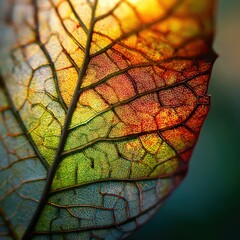 Vibrant, backlit autumn leaf showing a rainbow of colors and intricate vein structure.