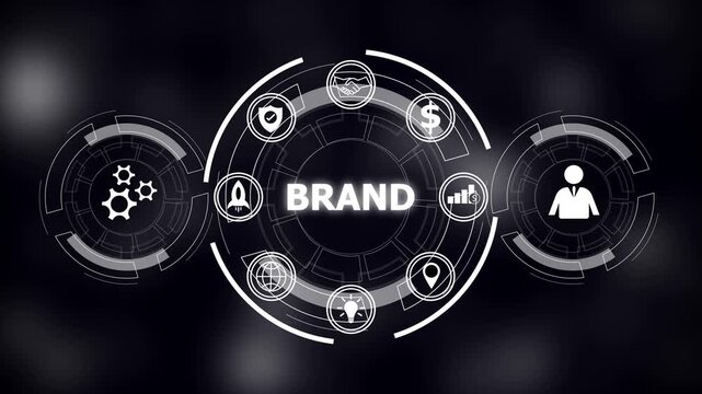 Brand strategy strengthens digital business growth. Technology innovation elevates global success. Digital brand building strategy icons representing growth success and global reach on a dark.