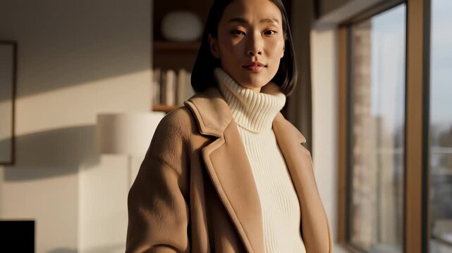 Confident woman in stylish capsule attire, epitomizing minimal yet trendy sophistication as she gazes out at the world beyond the window, embodying themes of empowerment, innovation.