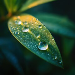 Vibrant green leaf with glistening water droplets, macro shot capturing nature's freshness.