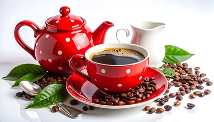 Bright red teapot with fresh coffee and green leaves high resolution photo
