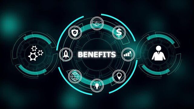 Technology highlights key digital benefits. Innovation and strategy drive business success. Futuristic digital interface displaying benefits icons including gears handshake dollar sign.