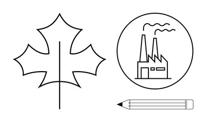 Outline of a leaf, circular factory icon with chimneys, and pencil highlight balance of nature, industry, and creativity. Ideal for sustainability, ecology, innovation, art balance design