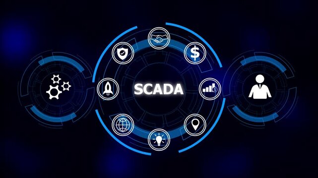 Scada system interface with digital icons representing business growth security innovation. SCADA systems enhance industrial automation. Digital technology strengthens secure global operations.