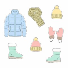 An essential assortment of winter apparel, featuring a warm puffer jacket, knitted accessories like scarves and hats, cozy mittens, and snow boots depicted in a soft pastel illustration