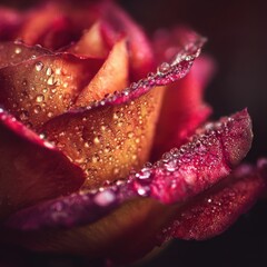 Vibrant red and orange rose petals adorned with sparkling morning dew drops against a dark background.