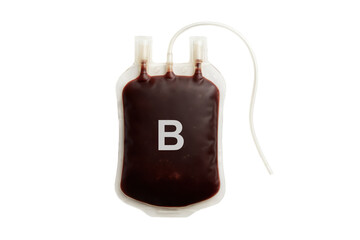 Blood bag filled with dark red blood labeled B, isolated on a clean white background, representing medical donation, transfusion, and healthcare services