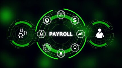Digital payroll system interface with financial business icons and gears accounting. Payroll accounting streamlines business finance. Digital automation improves secure HR operations. - Powered by Adobe