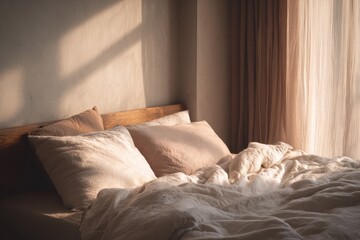 Warm Sunlight and Shadows on a Cozy, Unmade Bed with Pink Linen Bedding