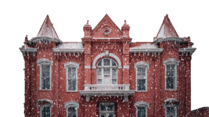 Snow falling softly on an old red building creating a peaceful quiet winter scenery on white background