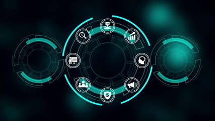 Technology powers smarter digital business decisions. Strategic innovation drives global success. Futuristic digital interface displaying business icons for analysis marketing communication. - Powered by Adobe