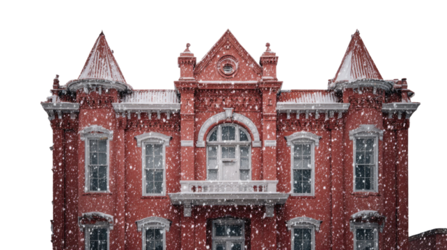 Snow falling softly on an old red building creating a peaceful quiet winter scenery on white background