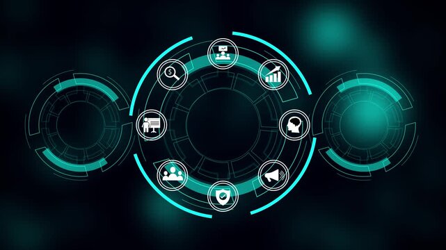 Technology powers smarter digital business decisions. Strategic innovation drives global success. Futuristic digital interface displaying business icons for analysis marketing communication. - Powered by Adobe