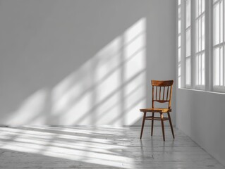 Wooden Chair by Window with Sunlight in Minimalist White Room