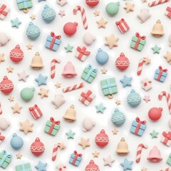 A festive and cute Christmas pattern featuring 3D holiday decorations like candy canes, gift boxes, and ornaments scattered on a clean background