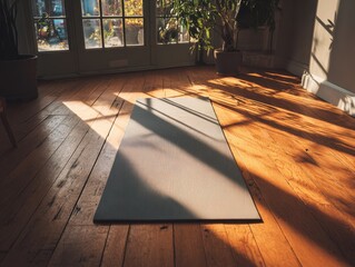 Yoga mat on a rustic wooden floor with warm sunlight streaming through a window.
